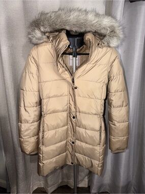 Tommy Hilfiger Beige Longline Puffer Coat with Faux Fur Hood